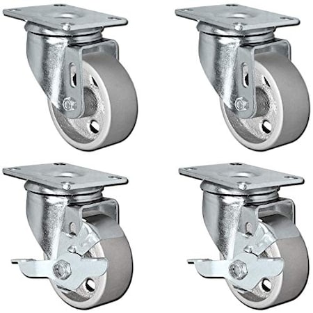 Casterhq All Steel Swivel Plate Caster Wheels W/ Brakes Locking, PK4 3ISCSO4